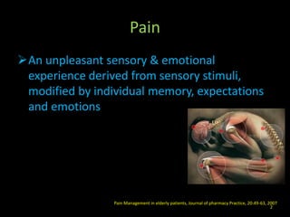 Pain
An unpleasant sensory & emotional
experience derived from sensory stimuli,
modified by individual memory, expectations
and emotions
Pain Management in elderly patients, Journal of pharmacy Practice, 20:49-63, 2007
2
 