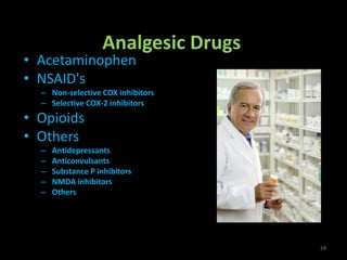 Analgesic Drugs
• Acetaminophen
• NSAID's
– Non-selective COX inhibitors
– Selective COX-2 inhibitors
• Opioids
• Others
– Antidepressants
– Anticonvulsants
– Substance P inhibitors
– NMDA inhibitors
– Others
24
 