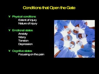 Conditions that Open the Gate Physical conditions Extent of injury Nature of injury Emotional states Anxiety Worry Tension Depression Cognitive states Focusing on the pain 