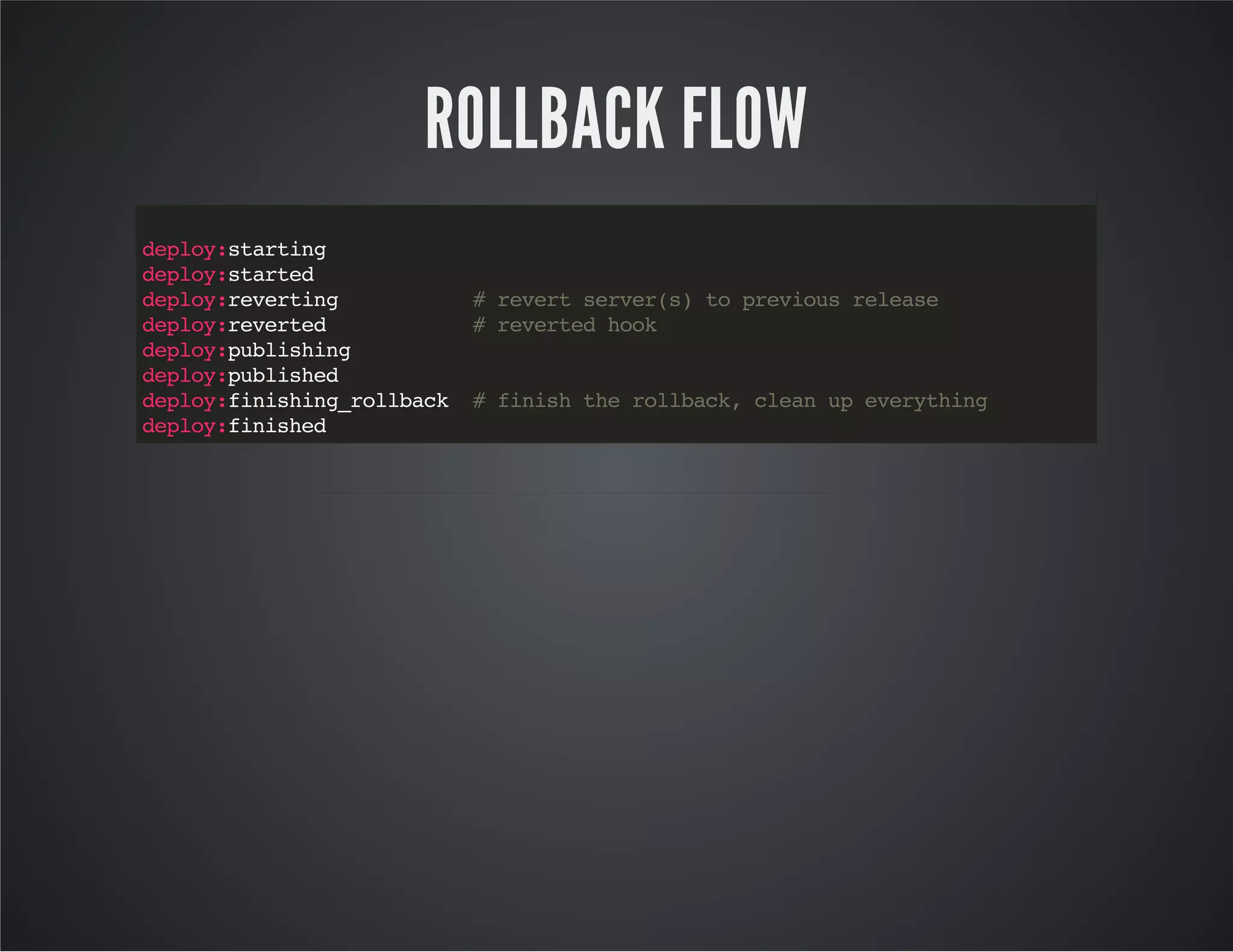 ROLLBACK FLOW 
deploy:starting 
deploy:started 
deploy:reverting # revert server(s) to previous release 
deploy:reverted # reverted hook 
deploy:publishing 
deploy:published 
deploy:finishing_rollback # finish the rollback, clean up everything 
deploy:finished 
 