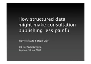 How structured data might
make consultation
publishing less painful
Harry Metcalfe & Steph Gray


UK Gov Web Barcamp
London, 31 Jan 2009
 