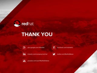 THANK YOU
plus.google.com/+RedHat
linkedin.com/company/red-hat
youtube.com/user/RedHatVideos
facebook.com/redhatinc
twitter.com/RedHatNews
 