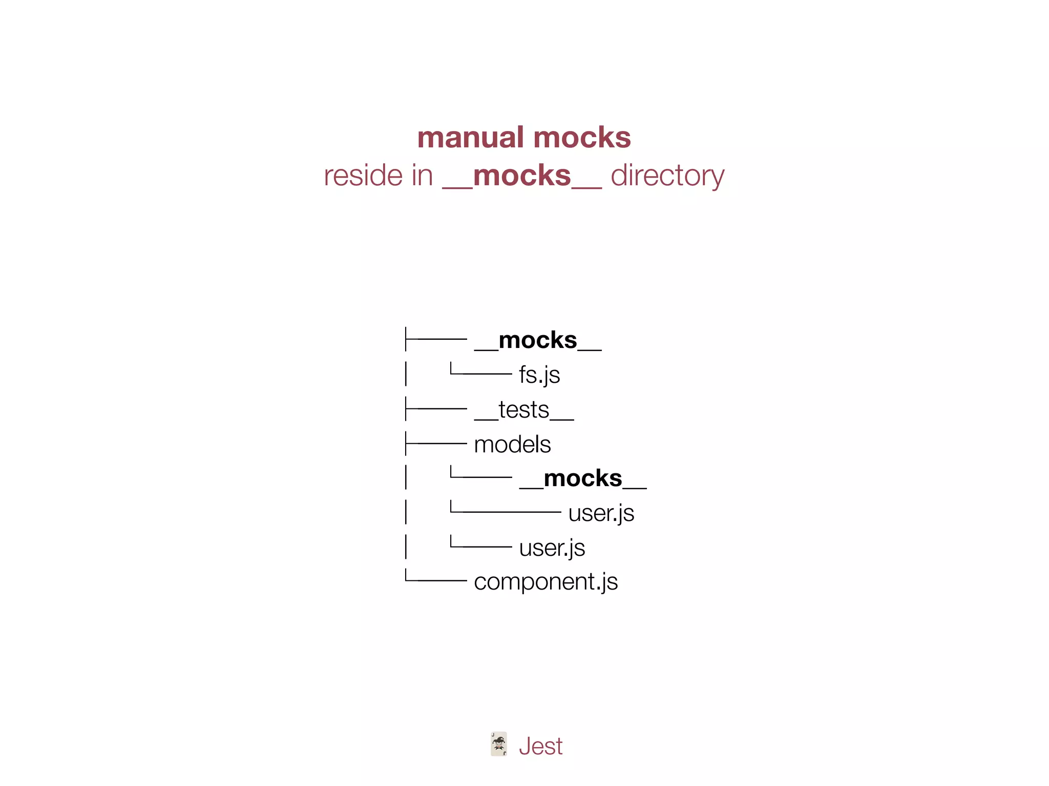 🃏 Jest
manual mocks
reside in __mocks__ directory
├── __mocks__
│ └── fs.js
├── __tests__
├── models
│ └── __mocks__
│ └──── user.js
│ └── user.js
└── component.js
 