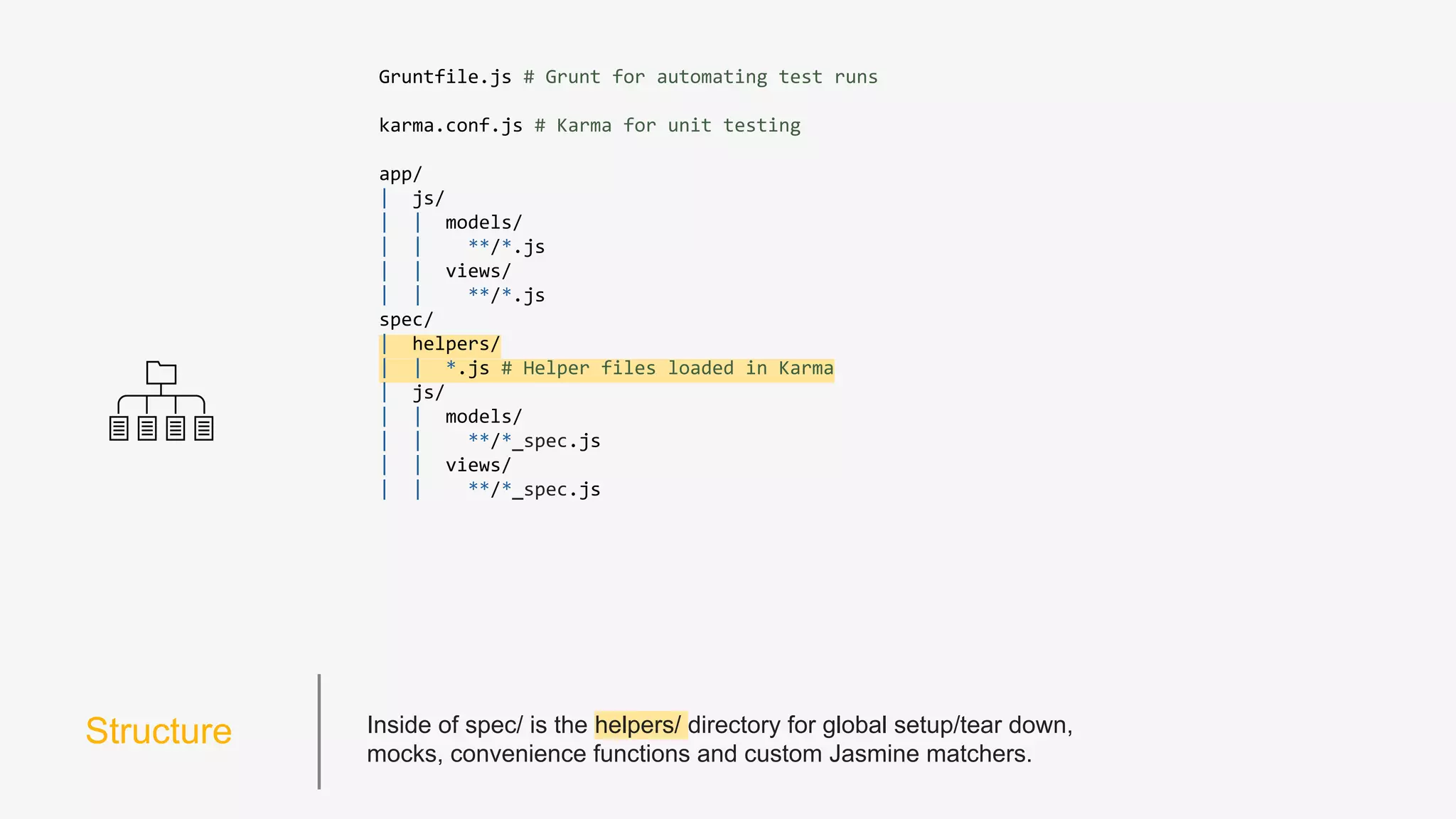 Structure Grunt sets up tasks for running tests, example: grunt specs:debug
Gruntfile.js # Grunt for automating test runs
karma.conf.js # Karma for unit testing (Chrome for debugging, PhantomJS for CI builds in
Jenkins)
app/
| js/
| | models/
| | **/*.js
| | views/
| | **/*.js
spec/
| js/
| | models/
| | **/*_spec.js
| | views/
| | **/*_spec.js
 