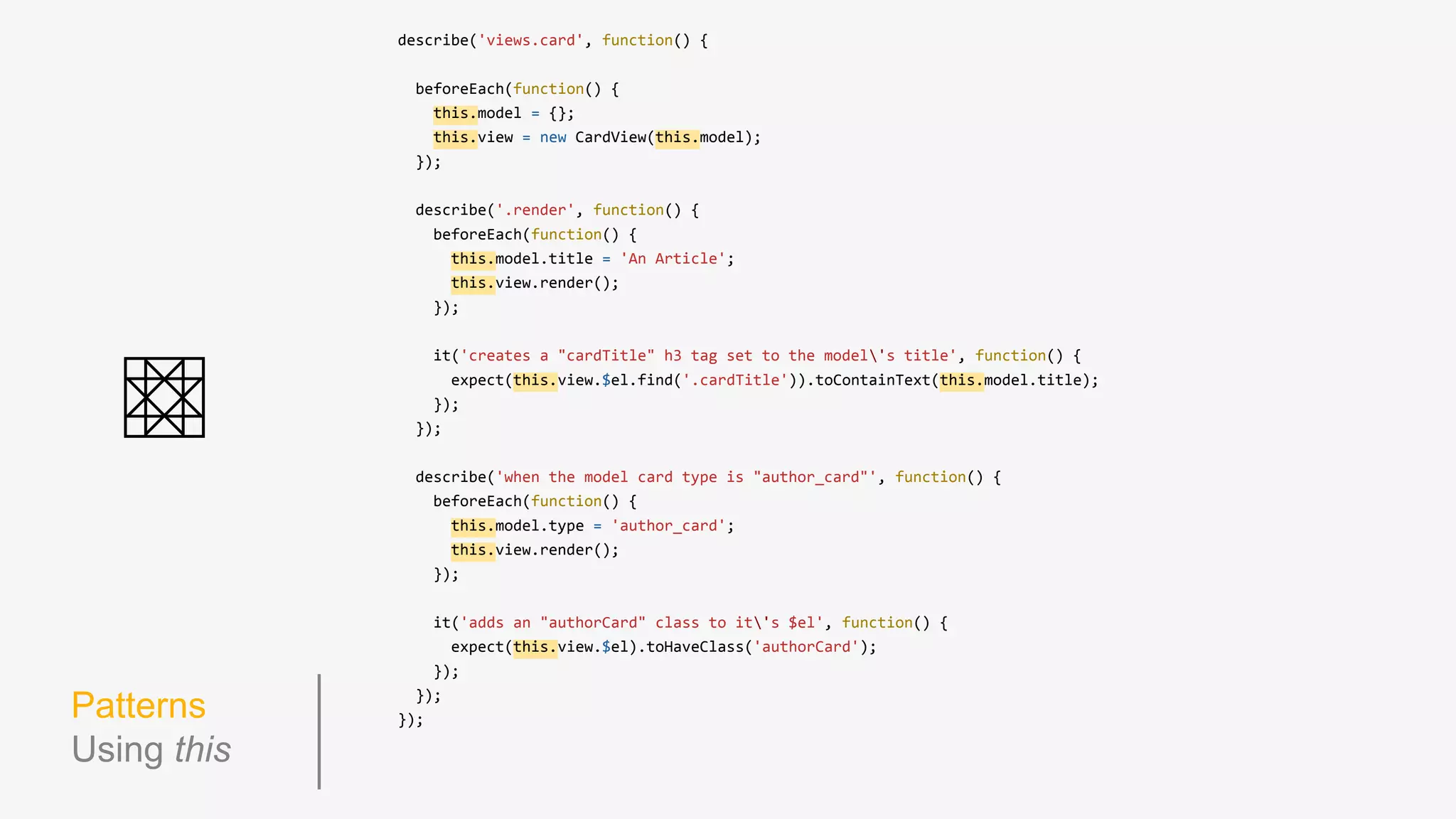 Structure Inside of spec/ is the helpers/ directory for global setup/tear down,
mocks, convenience functions and custom Jasmine matchers.
Gruntfile.js # Grunt for automating test runs
karma.conf.js # Karma for unit testing
app/
| js/
| | models/
| | **/*.js
| | views/
| | **/*.js
spec/
| helpers/
| | *.js # Helper files loaded in Karma
| js/
| | models/
| | **/*_spec.js
| | views/
| | **/*_spec.js
 