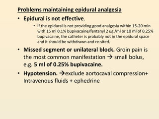 Problems maintaining epidural analgesia
• Epidural is not effective.
• If the epidural is not providing good analgesia within 15-20 min
with 15 ml 0.1% bupivacaine/fentanyl 2 ug /ml or 10 ml of 0.25%
bupivacaine, the catheter is probably not in the epidural space
and it should be withdrawn and re-sited.
• Missed segment or unilateral block. Groin pain is
the most common manifestation  small bolus,
e.g. 5 ml of 0.25% bupivacaine.
• Hypotension. exclude aortocaval compression+
Intravenous fluids + ephedrine
 