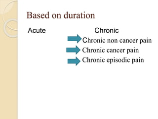 Based on duration
Acute Chronic
Chronic non cancer pain
Chronic cancer pain
Chronic episodic pain
 