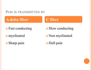 PAIN IS TRANSMITTED BY
 Fast conducting
 myelinated
 Sharp pain
 Slow conducting
 Non myelinated
 Dull pain
A delta fiber C fiber
 