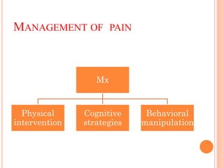 MANAGEMENT OF PAIN
Mx
Physical
intervention
Cognitive
strategies
Behavioral
manipulation
 
