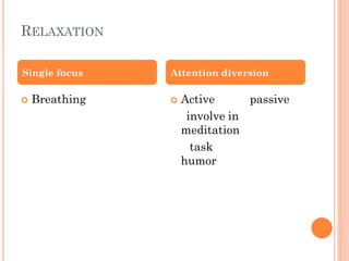 RELAXATION
 Breathing  Active passive
involve in
meditation
task
humor
Single focus Attention diversion
 