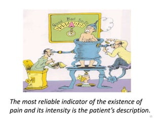 The most reliable indicator of the existence of
pain and its intensity is the patient’s description.
15
 