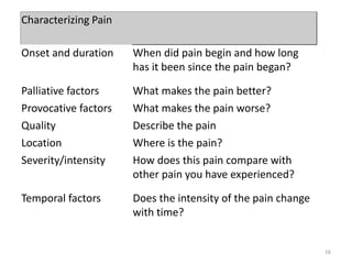 Characterizing Pain
Onset and duration When did pain begin and how long
has it been since the pain began?
Palliative factors What makes the pain better?
Provocative factors What makes the pain worse?
Quality Describe the pain
Location Where is the pain?
Severity/intensity How does this pain compare with
other pain you have experienced?
Temporal factors Does the intensity of the pain change
with time?
16
 