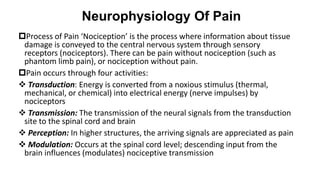 Neurophysiology Of Pain
Process of Pain ‘Nociception’ is the process where information about tissue
damage is conveyed to...