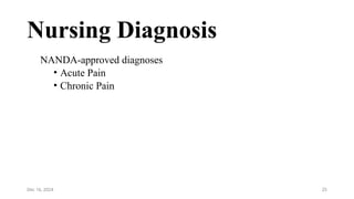 25
Nursing Diagnosis
NANDA-approved diagnoses
• Acute Pain
• Chronic Pain
Dec 16, 2024
 