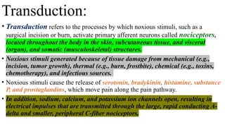 Transduction:
• Transduction refers to the processes by which noxious stimuli, such as a
surgical incision or burn, activate primary afferent neurons called nociceptors,
located throughout the body in the skin, subcutaneous tissue, and visceral
(organ), and somatic (musculoskeletal) structures.
• Noxious stimuli generated because of tissue damage from mechanical (e.g.,
incision, tumor growth), thermal (e.g., burn, frostbite), chemical (e.g., toxins,
chemotherapy), and infectious sources.
• Noxious stimuli cause the release of serotonin, bradykinin, histamine, substance
P, and prostaglandins, which move pain along the pain pathway.
• In addition, sodium, calcium, and potassium ion channels open, resulting in
electrical impulses that are transmitted through the large, rapid conducting A-
delta and smaller, peripheral C-fiber nociceptors.
 