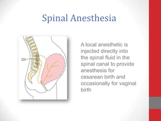 Spinal Anesthesia
A local anesthetic is
injected directly into
the spinal fluid in the
spinal canal to provide
anesthesia for
cesarean birth and
occasionally for vaginal
birth
 