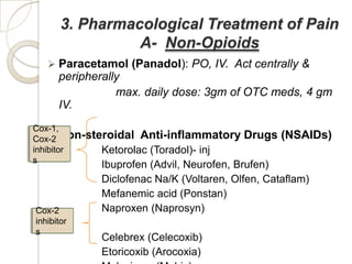 3. Pharmacological Treatment of Pain
                 A- Non-Opioids
    Paracetamol (Panadol): PO, IV. Act centrally &
      peripherally
                 max. daily dose: 3gm of OTC meds, 4 gm
      IV.
Cox-1,
    
Cox-2 Non-steroidal Anti-inflammatory     Drugs (NSAIDs)
inhibitor    Ketorolac (Toradol)- inj
s
             Ibuprofen (Advil, Neurofen, Brufen)
             Diclofenac Na/K (Voltaren, Olfen, Cataflam)
             Mefanemic acid (Ponstan)
Cox-2        Naproxen (Naprosyn)
inhibitor
s
             Celebrex (Celecoxib)
             Etoricoxib (Arocoxia)
 