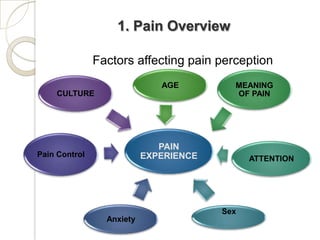 1. Pain Overview

               Factors affecting pain perception
                              AGE         MEANING
    CULTURE                               OF PAIN




                              PAIN
Pain Control               EXPERIENCE         ATTENTION




                                        Sex
                 Anxiety
 