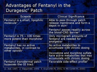 ACTIQ, FENTORA, SUBSYS,ABSTRAL
 Transbuccal Fentanyl -No direct
correlation with TD Fentanyl dose !!!
 NEVER use for opi...