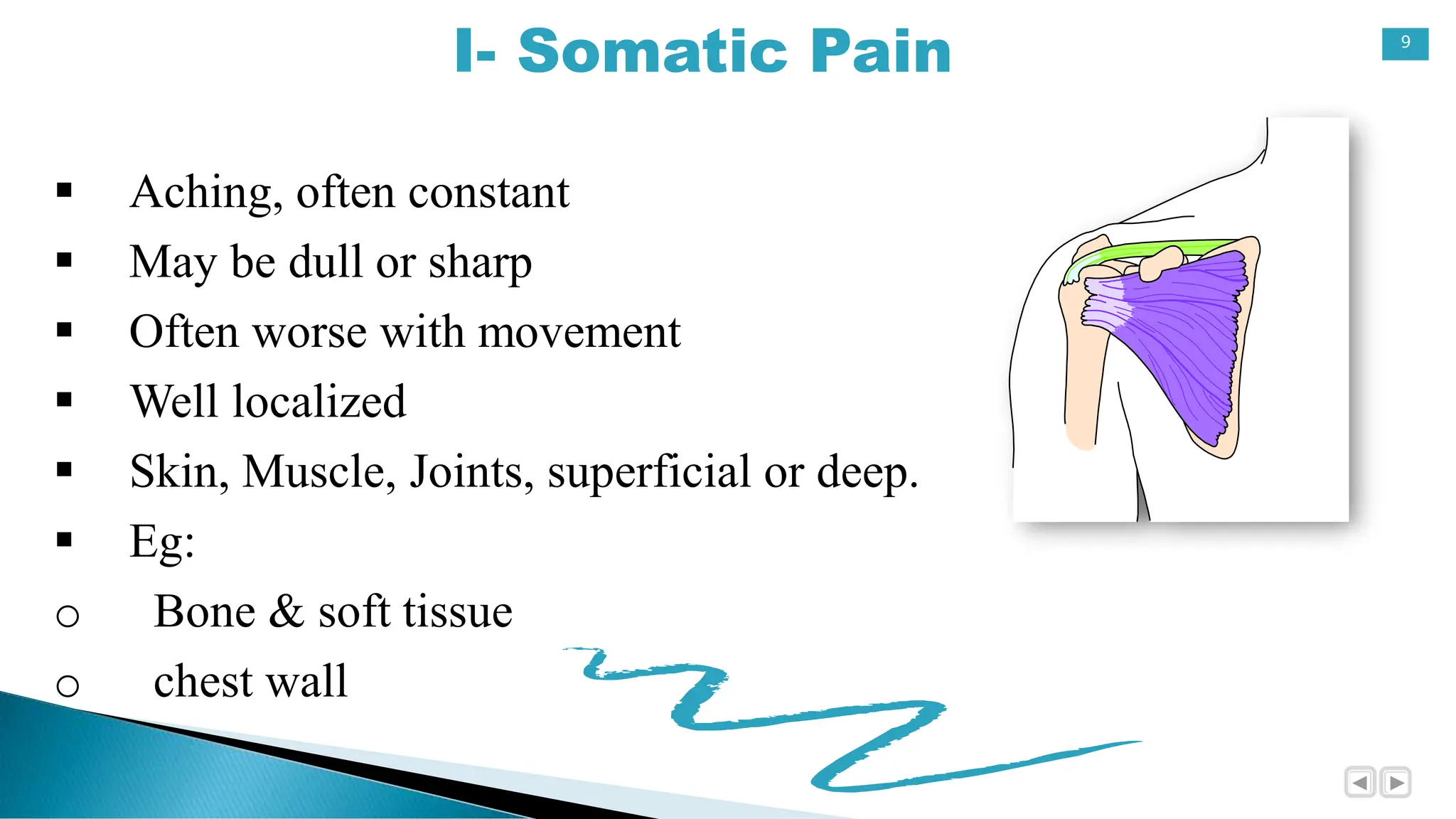 9
I- Somatic Pain
 Aching, often constant
 May be dull or sharp
 Often worse with movement
 Well localized
 Skin, Muscle, Joints, superficial or deep.
 Eg:
o Bone & soft tissue
o chest wall
 