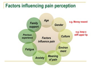 Factors influencing pain perception
Factors
influence pain
Age
Gender
Culture
Environ
ment
Meaning
of pain
Anxiety
Fatigue
Previous
experience
Family
support
e.g. keep a
stiff upper lip
e.g. Money reward
 