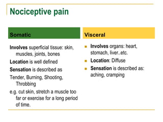 Nociceptive pain
Somatic
Involves superficial tissue: skin,
muscles, joints, bones
Location is well defined
Sensation is described as
Tender, Burning, Shooting,
Throbbing
e.g. cut skin, stretch a muscle too
far or exercise for a long period
of time.
Visceral
 Involves organs: heart,
stomach, liver..etc.
 Location: Diffuse
 Sensation is described as:
aching, cramping
 