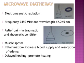    Electromagnetic radiation

   Frequency 2450 MHz and wavelength 12.245 cm

   Relief pain- in traumatic
    and rheumatic condition

   Muscle spasm
   Inflammation- increase blood supply and resorption
     of edema
   Delayed healing- promote healing
 