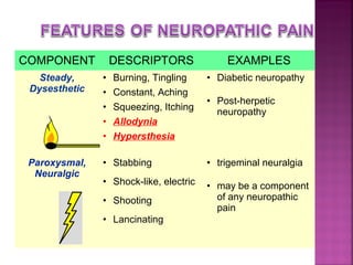 COMPONENT          DESCRIPTORS              EXAMPLES
   Steady,     •   Burning, Tingling    • Diabetic neuropathy
 Dysesthetic   •   Constant, Aching
                                        • Post-herpetic
               •   Squeezing, Itching     neuropathy
               •   Allodynia
               •   Hypersthesia

 Paroxysmal,   • Stabbing               • trigeminal neuralgia
  Neuralgic
               • Shock-like, electric   • may be a component
               • Shooting                 of any neuropathic
                                          pain
               • Lancinating
 