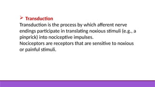  Transduction
Transduction is the process by which afferent nerve
endings participate in translating noxious stimuli (e.g., a
pinprick) into nociceptive impulses.
Nociceptors are receptors that are sensitive to noxious
or painful stimuli.
 