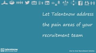 End to End Recruitment Solution
Let Talentnow address
the pain areas of your
recruitment team
 