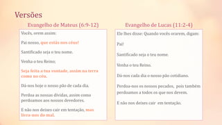 Evangelho de Mateus (6:9-12)
Vocês, orem assim:
Pai nosso, que estás nos céus!
Santificado seja o teu nome.
Venha o teu Reino;
Seja feita a tua vontade, assim na terra
como no céu.
Dá-nos hoje o nosso pão de cada dia.
Perdoa as nossas dívidas, assim como
perdoamos aos nossos devedores.
E não nos deixes cair em tentação, mas
livra-nos do mal.
Evangelho de Lucas (11:2-4)
Ele lhes disse: Quando vocês orarem, digam:
Pai!
Santificado seja o teu nome.
Venha o teu Reino.
Dá-nos cada dia o nosso pão cotidiano.
Perdoa-nos os nossos pecados, pois também
perdoamos a todos os que nos devem.
E não nos deixes cair em tentação.
Versões
 