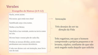 Evangelho de Mateus (6:9-12)
Vocês, orem assim:
Pai nosso, que estás nos céus!
Santificado seja o teu nome.
Venha o teu Reino;
Seja feita a tua vontade, assim na terra como
no céu.
Dá-nos hoje o nosso pão de cada dia.
Perdoa as nossas dívidas, assim como
perdoamos aos nossos devedores.
E não nos deixes cair em tentação, mas livra-
nos do mal.
Versões
Invocação
Três desejos do ser na
direção da Vida
Três rogativas, em que o homem
compreende a própria pequenez e se
levanta, súplice, confiante de que não
será negado nada daquilo que solicita
 