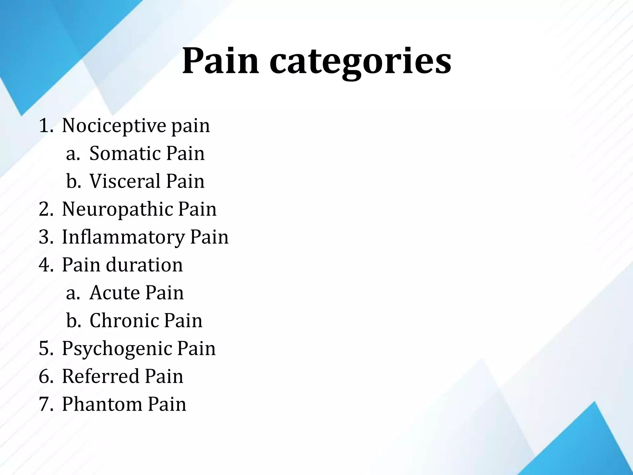 Pain categories
1. Nociceptive pain
a. Somatic Pain
b. Visceral Pain
2. Neuropathic Pain
3. Inflammatory Pain
4. Pain duration
a. Acute Pain
b. Chronic Pain
5. Psychogenic Pain
6. Referred Pain
7. Phantom Pain
 