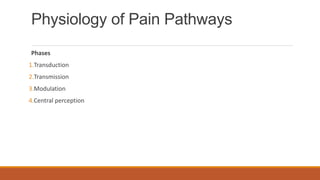 Physiology of Pain Pathways
Phases
1.Transduction
2.Transmission
3.Modulation
4.Central perception
 