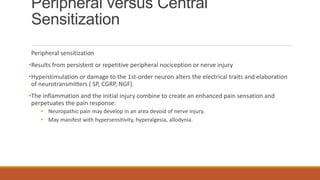 Peripheral versus Central
Sensitization
Peripheral sensitization
•Results from persistent or repetitive peripheral nociception or nerve injury
•Hyperstimulation or damage to the 1st-order neuron alters the electrical traits and elaboration
of neurotransmitters ( SP, CGRP, NGF).
•The inflammation and the initial injury combine to create an enhanced pain sensation and
perpetuates the pain response:
• Neuropathic pain may develop in an area devoid of nerve injury.
• May manifest with hypersensitivity, hyperalgesia, allodynia.
 