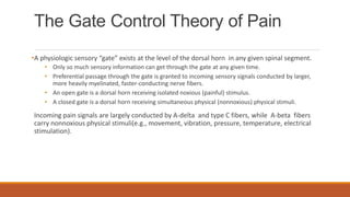 The Gate Control Theory of Pain
•A physiologic sensory “gate” exists at the level of the dorsal horn in any given spinal segment.
• Only so much sensory information can get through the gate at any given time.
• Preferential passage through the gate is granted to incoming sensory signals conducted by larger,
more heavily myelinated, faster-conducting nerve fibers.
• An open gate is a dorsal horn receiving isolated noxious (painful) stimulus.
• A closed gate is a dorsal horn receiving simultaneous physical (nonnoxious) physical stimuli.
Incoming pain signals are largely conducted by A-delta and type C fibers, while A-beta fibers
carry nonnoxious physical stimuli(e.g., movement, vibration, pressure, temperature, electrical
stimulation).
 