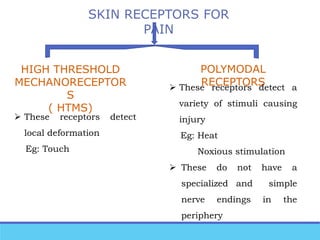 SKIN RECEPTORS FOR
PAIN
HIGH THRESHOLD
MECHANORECEPTOR
S
( HTMS)
POLYMODAL
RECEPTORS
 These receptors detect
local deformation
Eg: Touch
 These receptors detect a
variety of stimuli causing
injury
Eg: Heat
Noxious stimulation
 These do not have a
specialized and simple
nerve endings in the
periphery
 