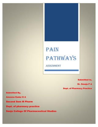 Submitted to,
Dr. Sreeja P A
Dept. of Pharmacy Practice
Submitted By,
Ameena Kadar K A
Second Sem M Pharm
Dept. of pharmacy practice
Sanjo College Of Pharmaceutical Studies
PAIN
PATHWAYS
ASSIGNMENT
 