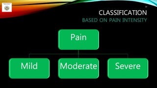 CLASSIFICATION
BASED ON PAIN INTENSITY
Pain
Mild Moderate Severe
14
 