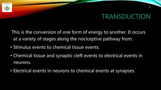 TRANSDUCTION
38
This is the conversion of one form of energy to another. It occurs
at a variety of stages along the nociceptive pathway from:
• Stimulus events to chemical tissue events.
• Chemical tissue and synaptic cleft events to electrical events in
neurons.
• Electrical events in neurons to chemical events at synapses.
 