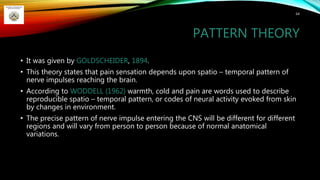 PATTERN THEORY
• It was given by GOLDSCHEIDER, 1894.
• This theory states that pain sensation depends upon spatio – temporal pattern of
nerve impulses reaching the brain.
• According to WODDELL (1962) warmth, cold and pain are words used to describe
reproducible spatio – temporal pattern, or codes of neural activity evoked from skin
by changes in environment.
• The precise pattern of nerve impulse entering the CNS will be different for different
regions and will vary from person to person because of normal anatomical
variations.
64
 