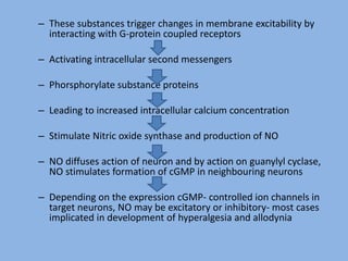 – These substances trigger changes in membrane excitability by
interacting with G-protein coupled receptors
– Activating intracellular second messengers
– Phorsphorylate substance proteins
– Leading to increased intracellular calcium concentration
– Stimulate Nitric oxide synthase and production of NO
– NO diffuses action of neuron and by action on guanylyl cyclase,
NO stimulates formation of cGMP in neighbouring neurons
– Depending on the expression cGMP- controlled ion channels in
target neurons, NO may be excitatory or inhibitory- most cases
implicated in development of hyperalgesia and allodynia
 