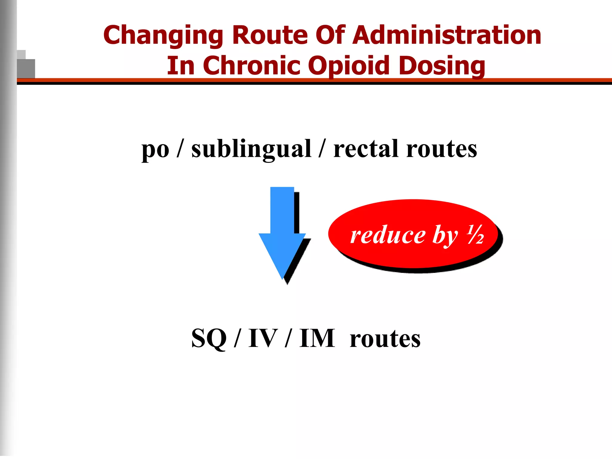 po / sublingual / rectal routes
SQ / IV / IM routes
reduce by ½
Changing Route Of Administration
In Chronic Opioid Dosing
 
