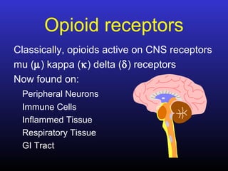 Opioid receptors
Classically, opioids active on CNS receptors
mu (µ) kappa (κ) delta (δ) receptors
Now found on:
Peripheral Neurons
Immune Cells
Inflammed Tissue
Respiratory Tissue
GI Tract
 