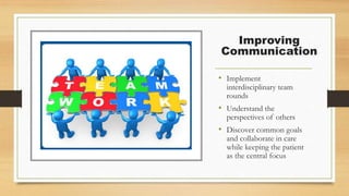 Improving
Communication
• Implement
interdisciplinary team
rounds
• Understand the
perspectives of others
• Discover common goals
and collaborate in care
while keeping the patient
as the central focus
 