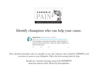 Identify champions who can help your cause.
There should be lawmakers who are naturally on your side. Likewise, there should be EXPERTS, such
as doctors or nurses in your delegation. Talk to the local nursing union for help.
Identify key committee hearings and provide TESTIMONY
about how patients will be affected by bad legislation.
C H R O N I C
PAIN
ORGANIZE TO WIN FOR PATIENTS
 