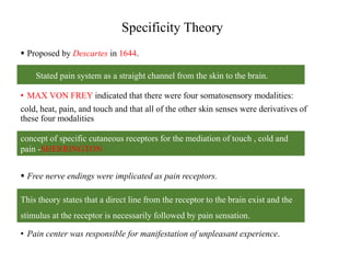 Specificity Theory
 Proposed by Descartes in 1644.
• MAX VON FREY indicated that there were four somatosensory modalities:
cold, heat, pain, and touch and that all of the other skin senses were derivatives of
these four modalities
 Free nerve endings were implicated as pain receptors.
• Pain center was responsible for manifestation of unpleasant experience.
Stated pain system as a straight channel from the skin to the brain.
concept of specific cutaneous receptors for the mediation of touch , cold and
pain -SHERRINGTON
This theory states that a direct line from the receptor to the brain exist and the
stimulus at the receptor is necessarily followed by pain sensation.
 