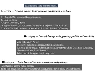 Based on the state of impairment.
I category — External damage to the gustatory papillae and taste buds.
Dry Mouth (Xerostomia, Hyposalivation),
Tongue Coating,
Atrophic Glossitis, Burns
Iatrogenic causes (E.G., Dental Treatment Or Exposure To Radiation)
Exposure To Toxic Substances And Other External Sources Of Damage
II category — Internal damage to the gustatory papillae and taste buds
Zinc deficiency, Aging,
Excessive medication intake, vitamin deficiency,
systemic disease (e.g., bulimia, anorexia, hypothyroidism, Cushing’s syndrome,
diabetes mellitus, liver disease )
Infections of the upper respiratory tract,
Peripheral or central nerve damage
Taste bud degeneration occurring after chorda tympani nerve injury or head trauma.
III category ― Disturbance of the taste sensation neural pathway:
 