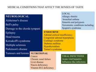 MEDICAL CONDITIONS THAT AFFECT THE SENSES OF TASTE
NEUROLOGICAL
Alzheimer's disease
Bell's palsy
Damage to the chorda tympani
Epilepsy
Head trauma
Korsakoff's syndrome
Multiple sclerosis
Parkinson's disease
Tumours and lesions NUTRITIONAL
Cancer
Chronic renal failure
Liver disease
Niacin deficiency
Vitamin B12 deficiency
ENDOCRINE
Adrenal cortical insufficiency
Congenital adrenal hyperplasia
Cushing's syndrome
Diabetes mellitus
Hypothyroidism
Turner's syndrome
LOCAL
Allergic rhinitis
bronchial asthma
Sinusitis and polyposis
Xerostomic conditions including
Sjogren's syndrome
VIRAL INFECTIONS
Acute viral hepatitis
Influenza‐like infections
 