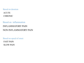 Based on duration
7
ACUTE
CHRONIC
Based on speed of onset
FAST PAIN
SLOW PAIN
Based on inflammation
INFLAMMATORY PAIN
NON INFLAMMATORY PAIN
 